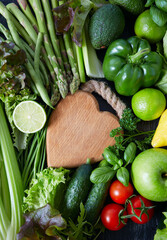 Poster - healthy fruits and vegetables and wooden board