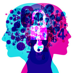 Wall Mural - A Male and Female side silhouette profile overlaid with various blending semi-transparent jigsaw shapes. Overlaid within the centre is a semi glowing Key and Open padlock.