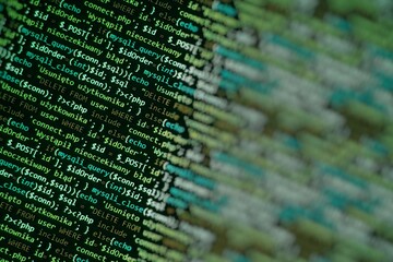 green unique background. programming language on laptop computer screen. program code php html javas