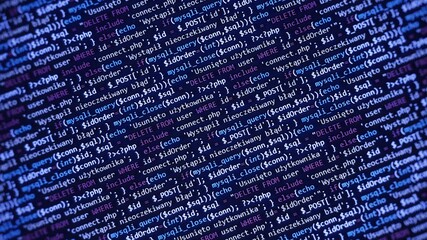 blue unique background. programming language on laptop computer screen. program code php html javasc