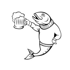 Wall Mural - Trout or Salmon Fish Holding Up Beer Mug of Ale Wearing Sweater Cartoon Black and White