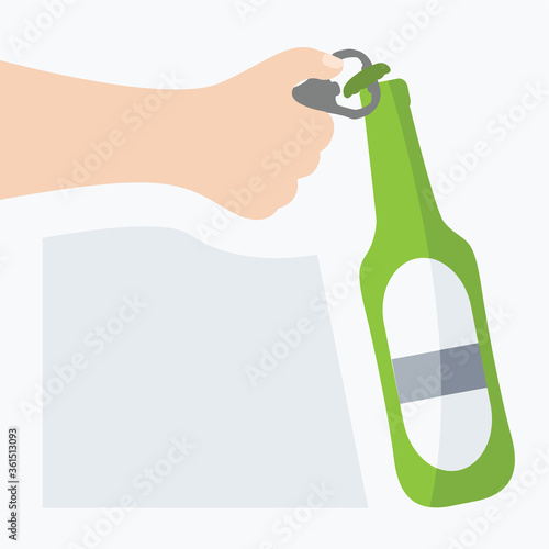 Fotomural simple human hand of man or male holding and opens with opener beer bottle flat design style on background cartoon