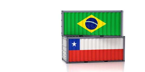 Two freight container with Chile and Brazil national flag. 3d rendering 