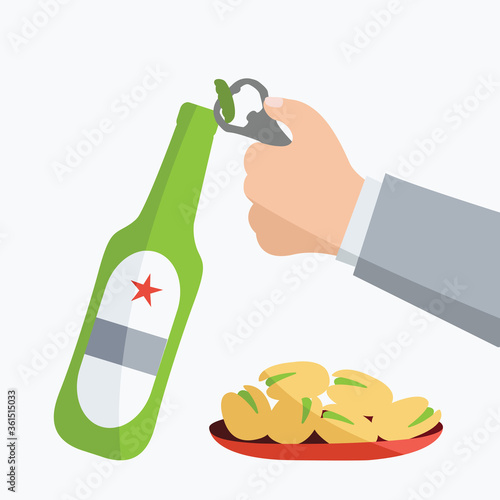 Cuadros en Lienzo hand holds alcohol isolated art & opens with opener beer bottle flat design cartoon