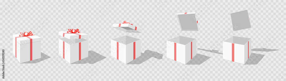 Set of opening boxes at different angles in perspective. Pink cardboard box. Surprise gift box. Carton gift boxes delivery packaging open and closed box with bows mockup set - obrazy, fototapety, plakaty 