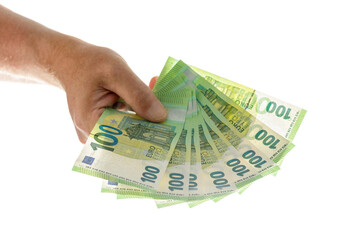 Male hand  giving  hundred euro money banknotes