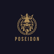 Poseidon Nepture God Logo Icon, Tritont Trident Crown Logo Icon Vector Template On Dark Background
