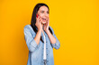 © deagreez - Close-up portrait of her she nice attractive lovely charming amazed cheerful cheery girl talking cell discussing rumor gossip news sale isolated bright vivid shine vibrant yellow color background