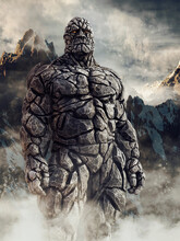Fantasy Stone Giant Made Of Rock Standing In Front Of Snowy Mountains. 3D Render.
