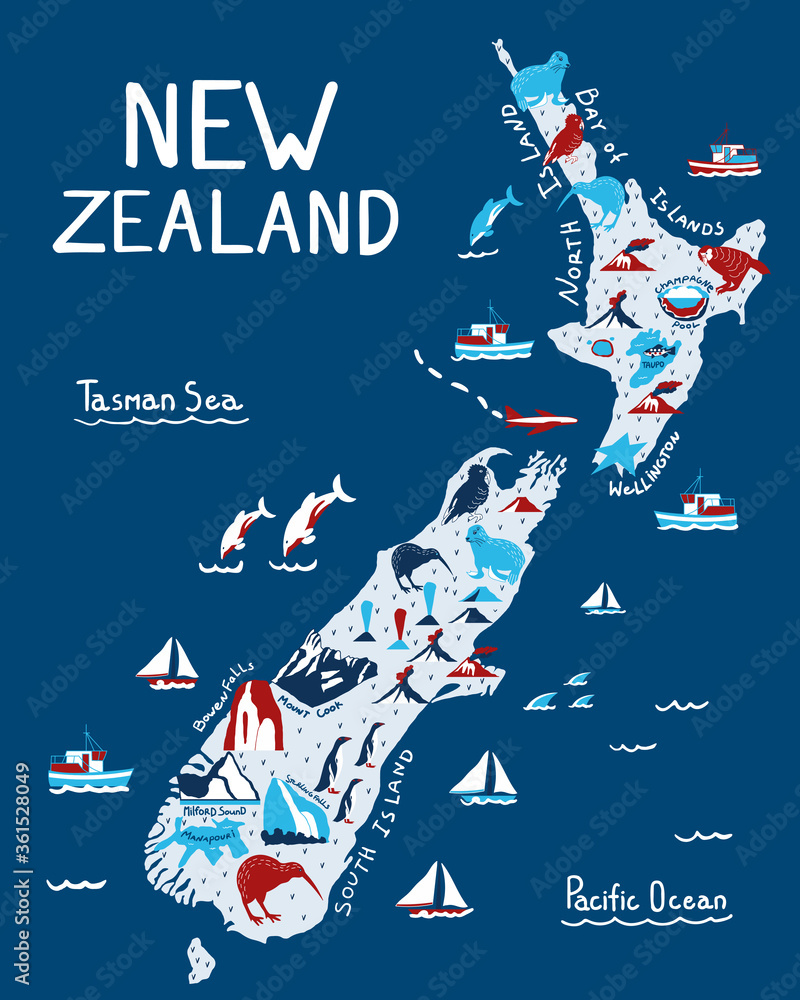 Map on blue background. New Zealand nature landmarks, animals. Travel ...