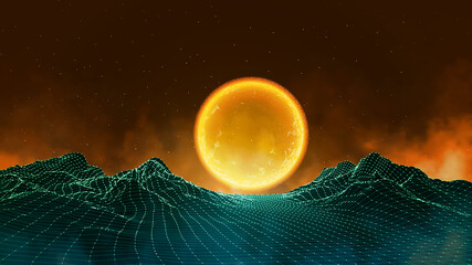 Wall Mural - abstract digital landscape with particles dots and stars on horizon. wireframe landscape background.