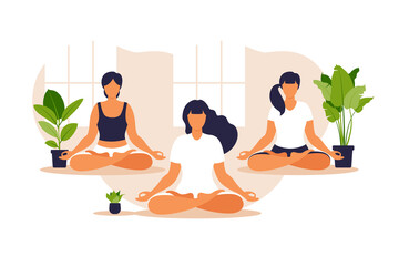 Yoga group. Position balance and stretching. People sitting together in the lotus position, they are practicing mindfulness meditation and yoga, healthy lifestyle and spirituality concept. Vector.