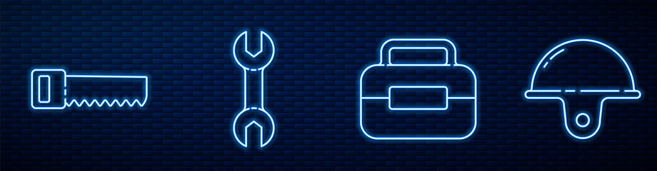 Set line Toolbox, Hand saw, Wrench spanner and Worker safety helmet. Glowing neon icon on brick wall. Vector.