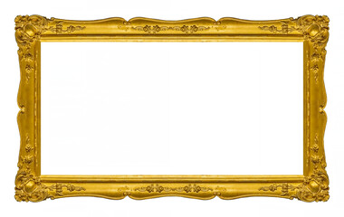 Panoramic golden frame for paintings, mirrors or photo isolated on white background. Design element with clipping path