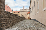 Fototapeta  - Empty stone walk at the rims of Cesky Krumlov castle during pandemic lockdown
