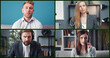 Screenshot of teleconference participants, colleagues meeting online negotiating using videocall