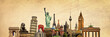 World landmarks and famous monuments collage isolated on panoramic vintage textured background