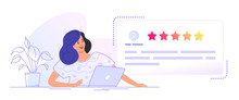 Customer Review Form To Leave Comment And Rate A Service Or Goods. Flat Smiling Woman Sitting With Laptop And Looking At User Testimonials Fulfilled Form. Customer Feedback And Rating 5 Stars On White