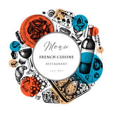 Hand Sketched French Cuisine Wreath Design In Collage Style. Delicatessen Food And Drink Trendy Background. 
