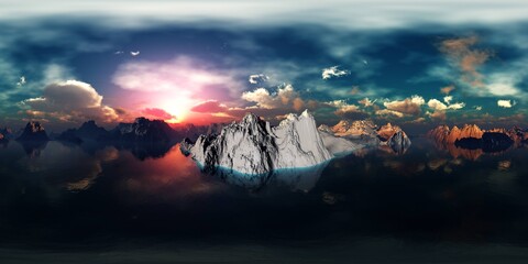 arctic landscape at sunrise, HDRI, environment map , Round panorama, spherical panorama, equidistant projection, panorama 360, antarctica at sunset