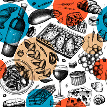 French Food Trendy Seamless Pattern. With Hand Drawn Wine, Meat Dishes, Desserts, And Snacks Sketches. French Cuisine Restaurant Or Store Vintage Background. Food And Drinks Backdrop In Collage Style