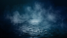 Dark Dramatic Background. Wet Asphalt, Smoke And Fog. Neon Light Spotlight. 3d Illustration