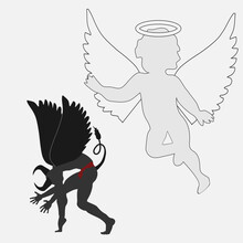 Vector Illustration With Angel And Demon. The Concept Of Good And Evil. Illustration Of Exile. Symbol Of Ancient Mythology.