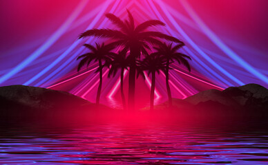 Silhouettes of tropical palm trees on a background of abstract background with neon glow. Reflection of palm trees on the water. 3d illustration