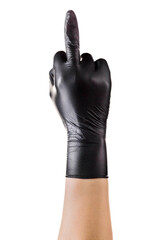 Wall Mural - Hand in black gloves showing middle finger. Gesture of aggression or disrespect.