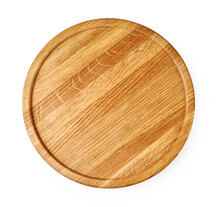 Round Wooden Board Isolated On White Background. Top View Of Chopping Board.