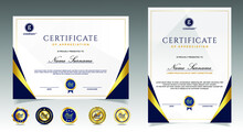 Certificate Of Appreciation Template, Gold And Blue Color. Clean Modern Certificate With Gold Badge. Certificate Border Template With Luxury And Modern Line Pattern. Diploma Vector Template