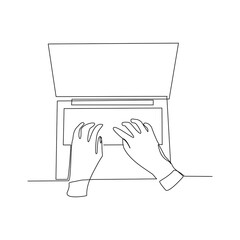 Continuous line drawing of hand fingers typing on laptop for business office work or social media concept. Vector illustration