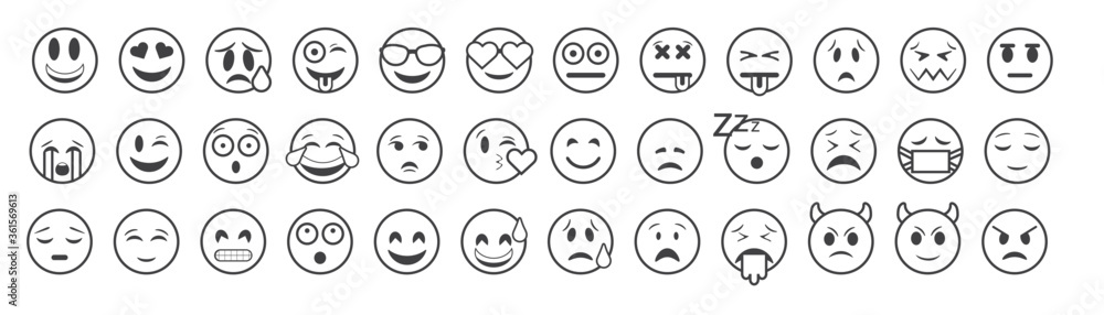 Emoticons big set. Emoji faces collection. Emojis flat style. Happy and sad emoji. Line smiley face - stock vector - obrazy, fototapety, plakaty 
