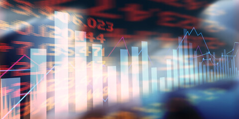 Poster - Digital economy concept. Stock exchange data with graphs and numbers on blurred background, double exposure