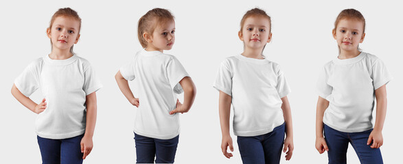 Sticker - Template of a white T-shirt on a cute kid in jeans, posing in the studio on the background.