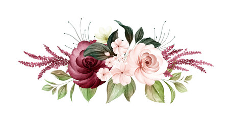 Wall Mural - Watercolor bouquet of soft brown and burgundy roses and leaves. Botanic decoration illustration for wedding card, fabric, and logo composition