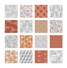 Vector Set Of Seamless Pavement Textures. Collection Of Street Pavements, Brick, Architectural Elements. Top View. Paving Stone Pattern For Map, Landscape Design, Plan, Garden, Game. Rock Stones Slab
