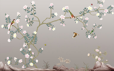 Beautiful Pink Rose Flower Plant And Birds Flying Over Tree With Grey Background 3d Illustration Wallpaper design