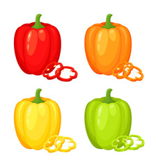 Wall Mural - Vector set of red, orange, yellow and green pepper. Full and slices fresh pepper. Eco farm market product isolated on white background. Natural healthy food for web site, package, cooking book, icon