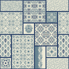 Wall Mural - Vintage seamless pattern in Portugal style. Azulejo. Seamless patchwork tile in blue and white colors. Endless pattern can be used for ceramic tile, wallpaper, linoleum, textile, web page background