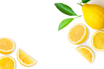Poster - Fresh organic yellow lemon lime fruit with slice and green leaves isolated on white background . Top view. Flat lay. Copy space for text.