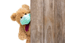 Brown Sick Teddy Bear With Protective Medical Mask Behind The Old Wooden Door Or Window. Stay At Home Quarantine Coronavirus Pandemic Prevention, Covid-19 Concept.
