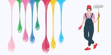 DIY Home Repair. Woman With Paint Roller, Dripping Drops Of Paint - Isolated On White Background - Vector. Banner