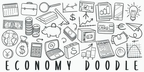Wall Mural - Economy Doodle Line Art Illustration. Hand Drawn Vector Clip Art. Banner Set Logos.