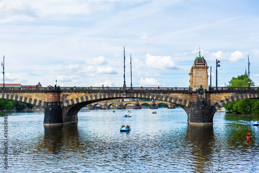 Prague, view of the Legia bridge in summer. - obrazy, fototapety, plakaty 