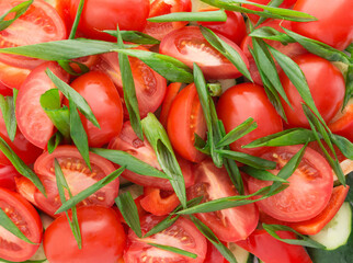 Canvas Print - Tomato, green onion, cucumber, pepper slices. Vegetable background.