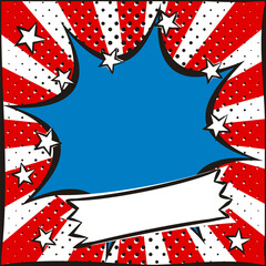 Bright pop art picture for USA Independence Day. Template by July 4th in national colors of the United States of America. Square cartoon web banner for social media post template. Vector illustration