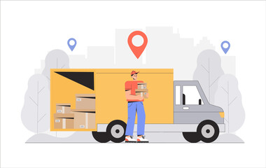 Fast and free shipping. concept, delivery man holding box, truck on background. Flat style vector illustration.