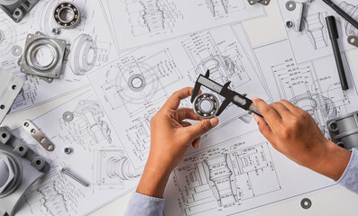 Fototapete - Engineer technician designing drawings mechanical parts engineering Engine.manufacturing factory Industry Industrial work project blueprints measuring bearings caliper tools