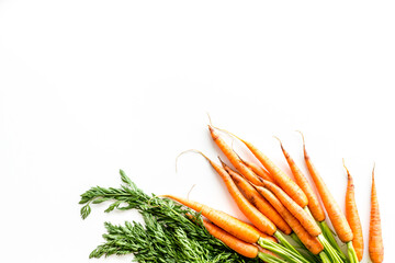 Bunch of fresh carrots with green tops form above copy space